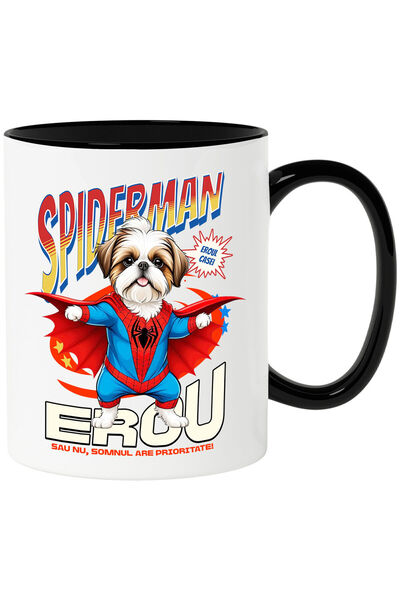 StoryGift Romania Cana Cu Shih Tzu Caine In Costum De Spiderman Cu Pelerina, Erou Nocturn, Desene , Cu Maner Negru Stg