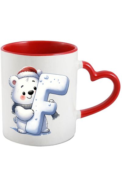 StoryGift Romania Cana Cu Un Urs Polar Care Tine Litera "f" | Ilustratie | Caciula | Fular | Scoal, Cu Maner Inim Stg
