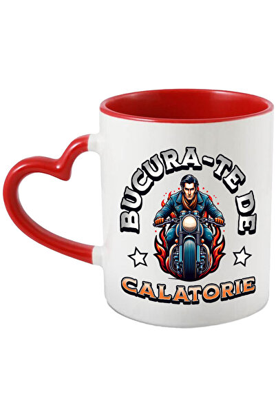 StoryGift Romania Cana Cu Barbat Tanar Cu Esarfa Si Geaca De Piele Iubitorii De Calatori Motocicle, Cu Maner Inim Stg