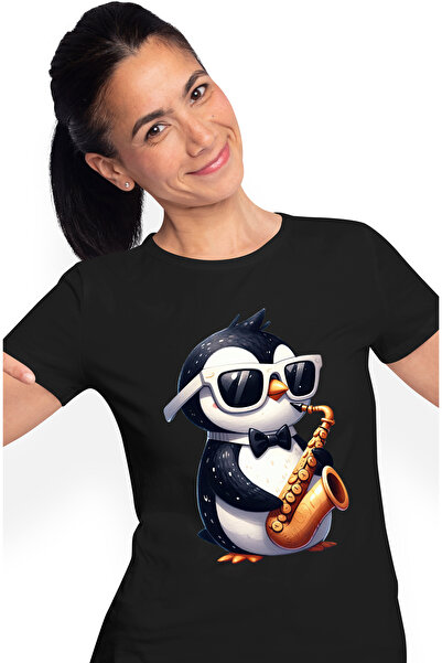 StoryGift Romania Tricou Femei cu un pinguin care canta la saxofon, ilustrati...