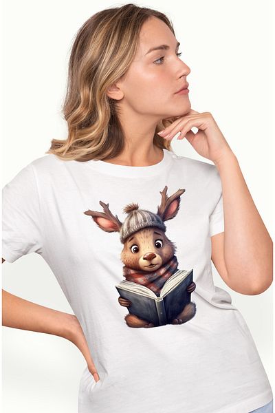 StoryGift Romania Tricou Femei Cu Un Cerb Care Citeste Dintr-o Carte, Ilustratie, Lectura, Pentru Wht_l