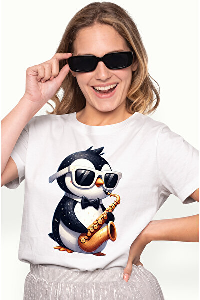 StoryGift Romania Tricou Femei Cu Un Pinguin Care Canta La Saxofon, Ilustrati...