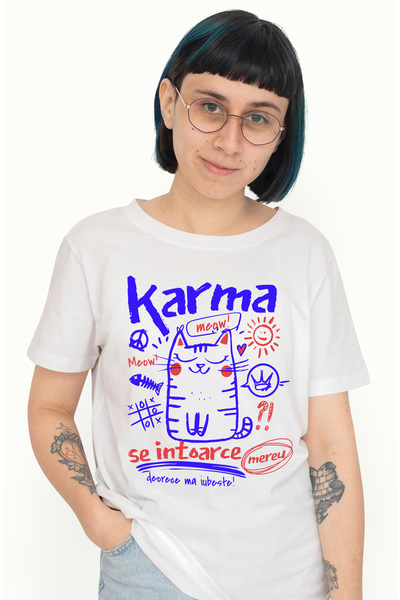 StoryGift Romania Γυναικείο μπλουζάκι  "Cat-Karma always comes back " με στάμ...