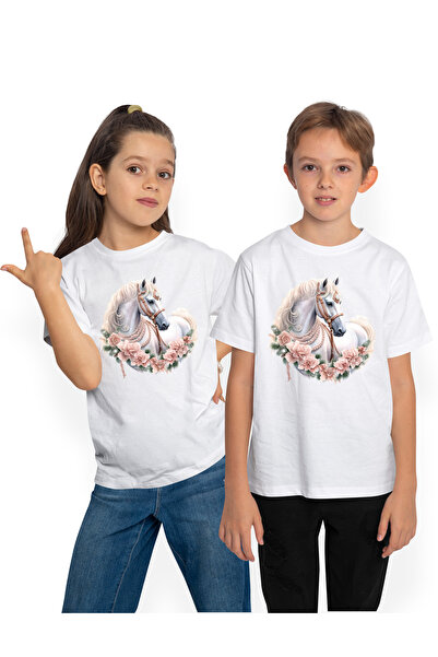 StoryGift Romania Tricou Copii Cu Un Cal Alb, Ilustratie, Floricele, Frunze, ...