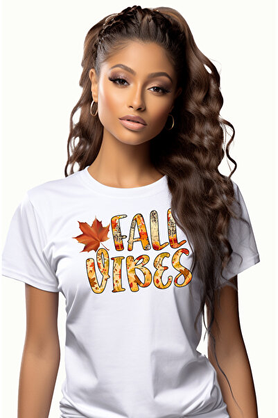 StoryGift Romania Tricou Femei Cu Mesajul "fall Vibes", Toamna, Ilustratie, S...