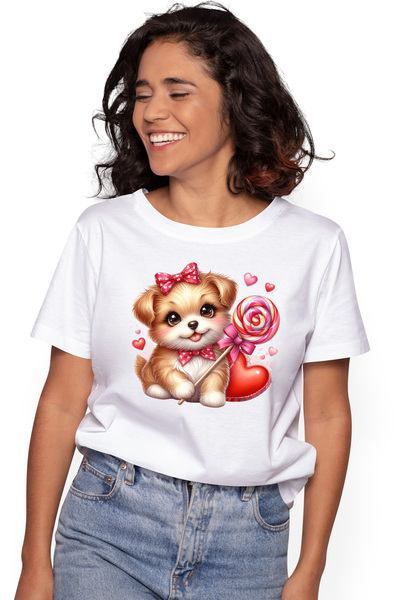 StoryGift Romania Tricou Femei cu un catelus vesel, ilustratie, acadea, inimi...