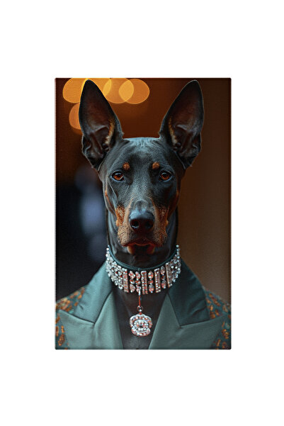 StoryGift Romania Tablou Canvas: Doberman Negru In Sacou Verde Cu Auriu Si Zgarda Cu Diamante La Gat Pictura Dig