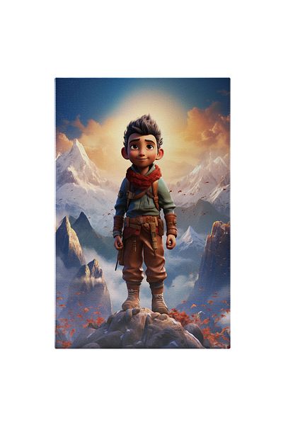 StoryGift Romania Tablou Canvas: Micul Curajos Urcat Pe Munte Cu Esarfa Rosie Si Pantaloni Maro Si Chip Dragut P