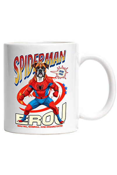 StoryGift Romania Cana Cu Boxer Caine In Costum De Spiderman Cu Pelerina, Erou Nocturn, Desene Ani, Cu Maner Alb Stg