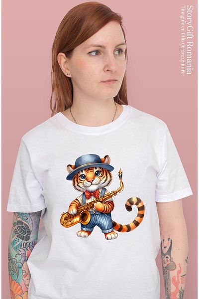 StoryGift Romania Women's T-shirt with a cheerful tiger cub holding a saxophone, illustration, concert, WHT_L