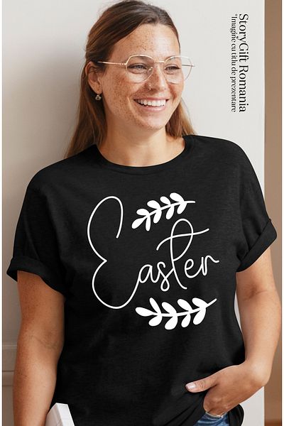 StoryGift Romania Tricou Femei Cu 2 Ramurele Si Cuvantul "easter" - Paste Sarbatoare Cu Imprimeu Blk_m