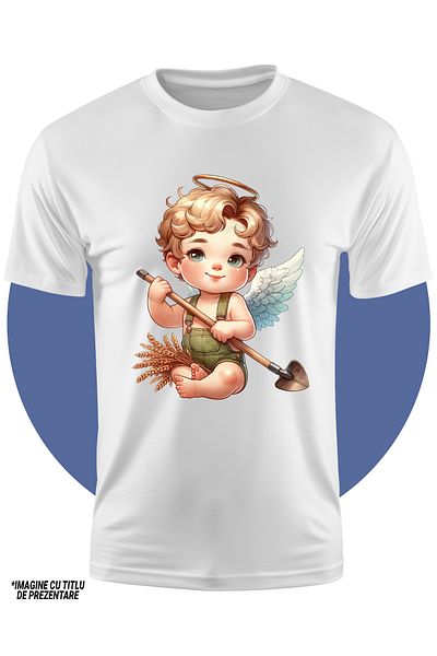 StoryGift Romania Tricou Copii Cu Un Bebelus Cu Aripi Care Munceste, Ilustratie, Muncile Campului, Unealta,