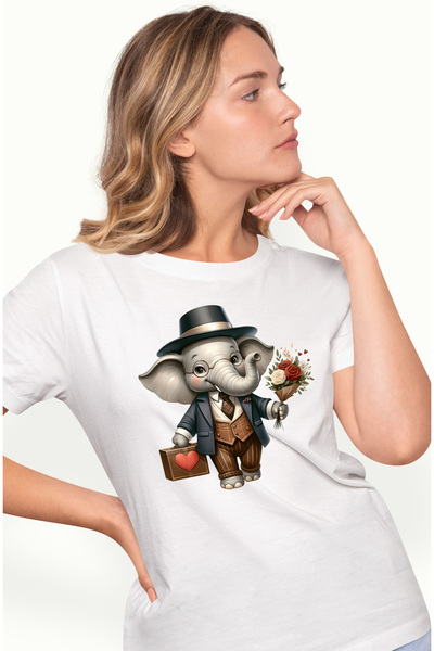 StoryGift Romania Tricou Femei Cu Un Elefant La Costum Care Tine Un Buchet Cu...