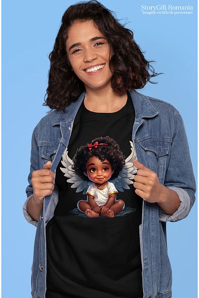 StoryGift Romania Tricou Femei Cu O Fetita De Culoare, Ilustratie, Aripi De Ingeras, Copilarie, Cu Blk_l