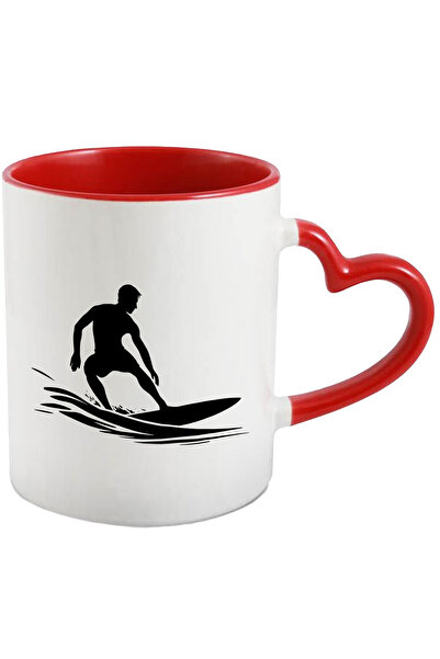 StoryGift Romania Cana Pentru Pasionatii De Surfing - Apa Valuri Cu Maner Inima Rosie, Cu Maner Inima Rosie Stg