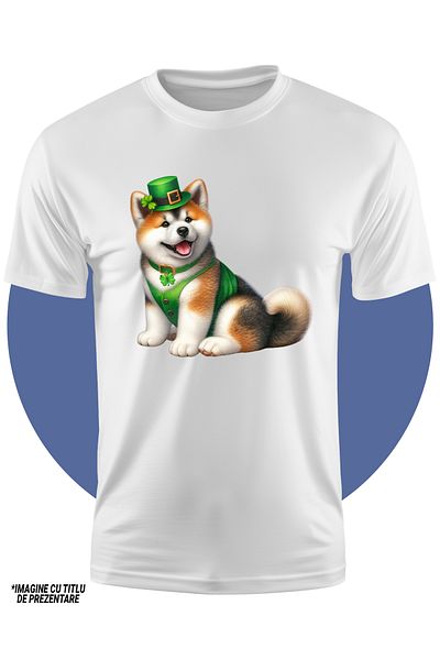 StoryGift Romania Tricou Copii Cu Un Catelus Akita Inu Care Are O Palarie Verde, Ilustratie, Sarbatoare, Sfa