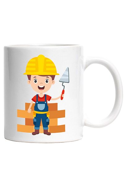 StoryGift Romania Cana Cu Constructii, Muncitor, Zidar, Caramida, Casca, Echipament, Multicolor 33, Cu Maner Alb