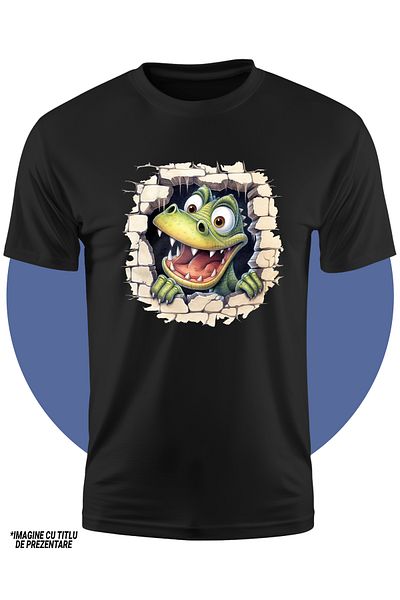 StoryGift Romania Tricou Copii Cu Un Dinozaur Curios Care Scoate Capul Printr-un Zid Spart, Ilustratie, Juca