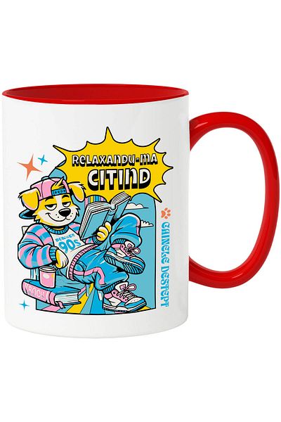 StoryGift Romania Dog Mug Street Style Colorful Cheerful With Book Funny Hobby Text In Roma Language, With Red Handle