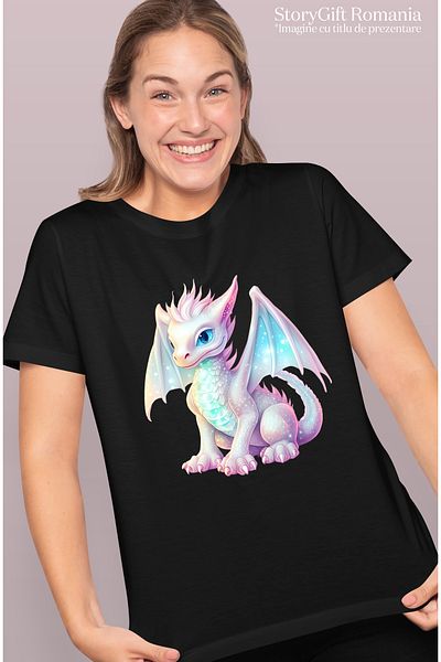 StoryGift Romania Tricou Femei cu un dragon care straluceste, ilustratie, culori deschise, vesel, BLK_L