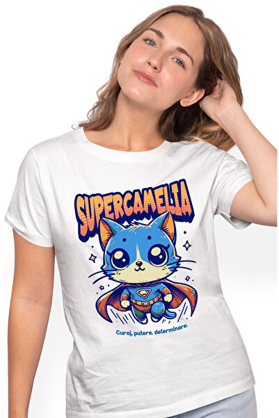 StoryGift Romania Tricou Femei Super Camelia, Supererou, Pisica Zburand, Cu I...
