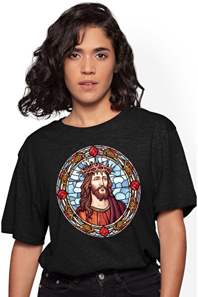 StoryGift Romania Tricou Femei Cu Iisus Hristos, Ilustratie, Stil Mozaic, Coroana Din Spini, Bunat Blk_l