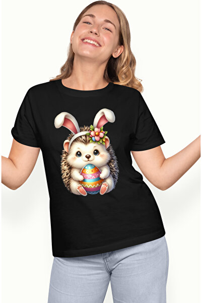 StoryGift Romania Tricou Femei Cu Un Arici Cu Urechi De Iepuras, Ou Vopsit, Sarbatori Pascale, Juc Blk_l