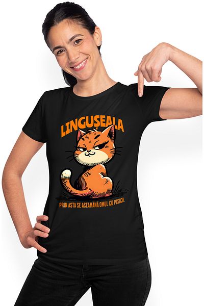StoryGift Romania Women's T-shirt Orange Cat text LINGUSEALA with print on the Front, 100% Cotton, BLK_M, STG42018
