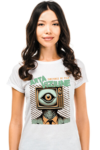 StoryGift Romania Tricou Femei Televizor Cu Ochii Iubitorii De Film Cu Imprimeu Pe Fata, 100% Bumb Wht_l