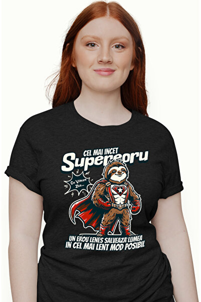 StoryGift Romania Tricou Femei Cel Mai Incet Supererou, Salveaza Lumea Lent, Cu Imprimeu Pe Fata, Blk_m