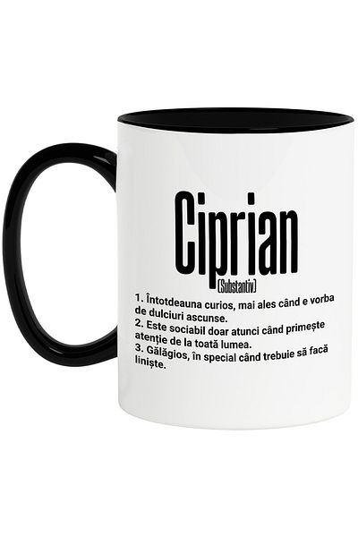 StoryGift Romania Cana Cu Numele Ciprian, Cu Mesaj Amuzant, Curios, Sociabil, Galagios, 330ml, Cer, Cu Maner Negru Stg