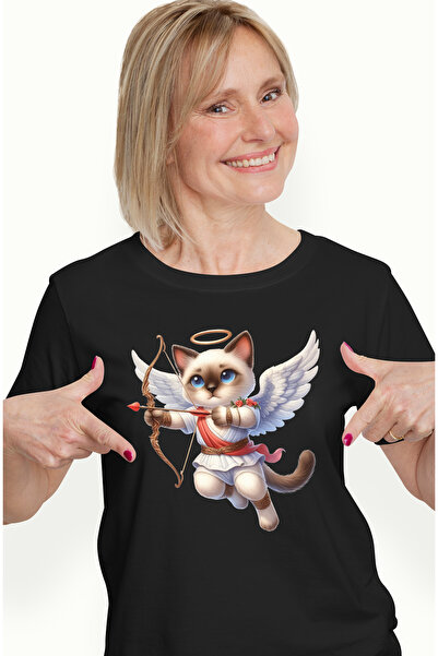 StoryGift Romania Tricou Femei Cu O Pisicuta Cupidon, Ilustratie, Aripi, Trage Cu Arcul, Valentine Blk_l