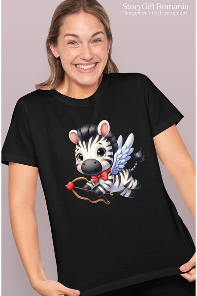 StoryGift Romania Women's T-shirt with a zebra shooting a bow, flying, wings, Cupid, in love BLK_L