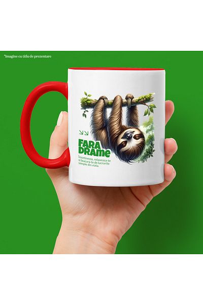 StoryGift Romania Mug Lazy Animal Sleeping Text No Drama Relaxation, 330ml, Ceramic with Red Handle, With ,STG