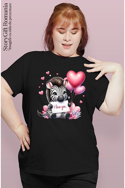 StoryGift Romania Women's T-shirt with a zebra with the message "I love you", illustration, balloons, hearts, falling BLK_L,STG59810