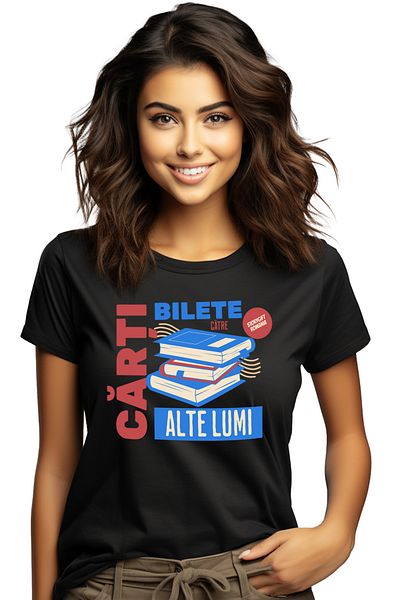 StoryGift Romania Tricou Femei Teanc De Carti Bilete Catre Alte Lumi Citit, Iubitorii De Lectura C Blk_l