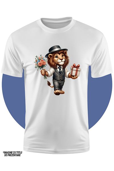 StoryGift Romania Tricou Copii Cu Un Leu Care Tine Un Buchet Cu Flori Si Un Cadou, Ilustratie, Palarie, Crav