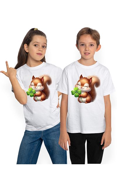 StoryGift Romania Tricou Copii Cu O Veverita Fericita, Ilustratie, Norocoasa, Trifoi Cu Patru Foi, Irlanda,