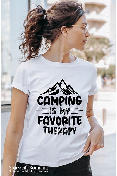 StoryGift Romania Women's T-shirt with mountains and the message in English "Camping is my favorite therapy" - c WHT_L