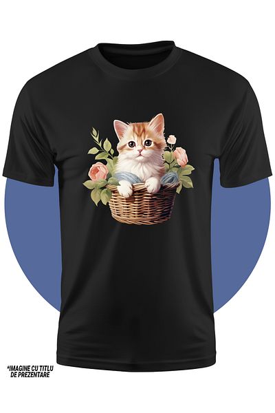 StoryGift Romania Tricou Copii Cu O Pisicuta Care Sta Intr-un Cosulet, Ilustratie, Flori, Plante, Natura, gr