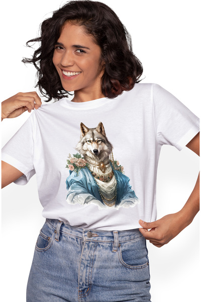 StoryGift Romania Tricou Femei Cu Un Lup In Haine De Epoca, Ilustratie, Flori...