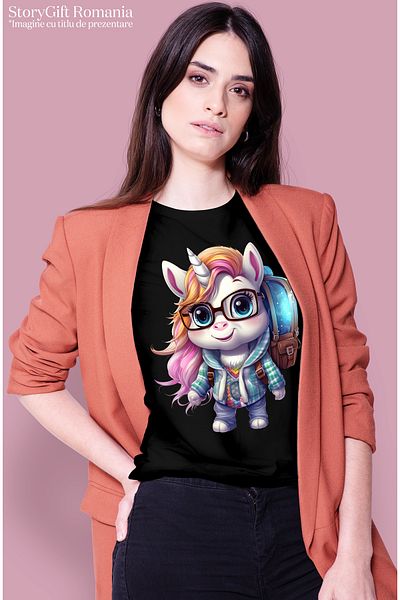 StoryGift Romania Tricou Femei cu un unicorn care se duce la scoala, ghiozdan, ochelari, tocilara, BLK_L