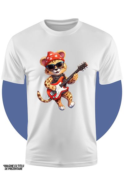 StoryGift Romania Tricou Copii Cu Un Jaguar Care Canta La Chitara, Ilustratie, Talent, Ochelari, Caciula, Pa