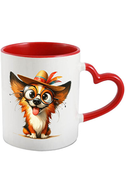 StoryGift Romania Cana Cu Un Catel Nebunatic | Ilustratie | Privire Ciudata | Palarie | Ochelari D, Cu Maner Inim Stg