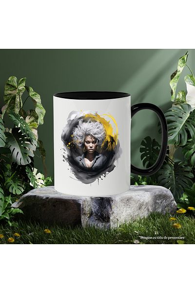 StoryGift Romania Mug With Woman, Earrings, Shirt, Watercolor, White Hair, Multicolor 330 ml, Ceramic, With