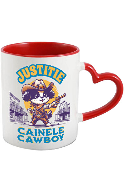 StoryGift Romania Cana Cu Caine Serif Vestul Salbatic Cu Arma Si Palarie, Insigna De Aur Text Just, Cu Maner Inim Stg