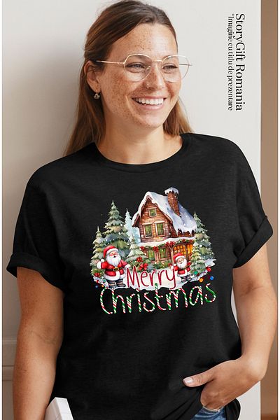 StoryGift Romania Tricou Femei Cu Mesajul "merry Christmas", Craciun Fericit, Ilustratie, Iarna, M Blk_l
