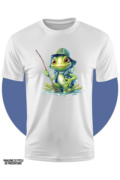 StoryGift Romania Children's T-shirt with a green frog, illustration, cheerful, holding a stick, fishing rod, water, puddle, shovel