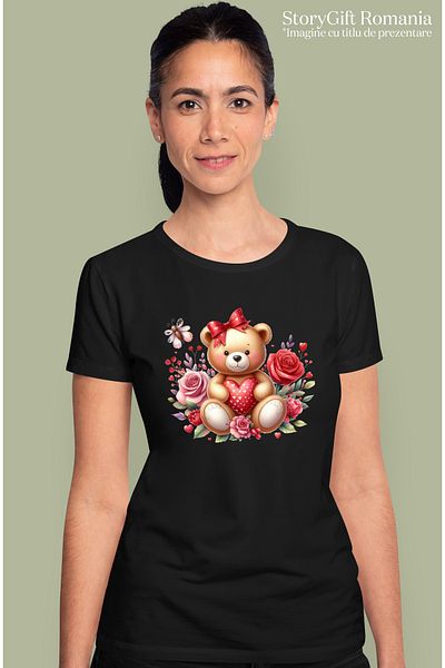 StoryGift Romania Tricou Femei Cu Un Ursulet De Plus, Ilustratie, Inimioare, Trandafir, Iubire, Fl Blk_l
