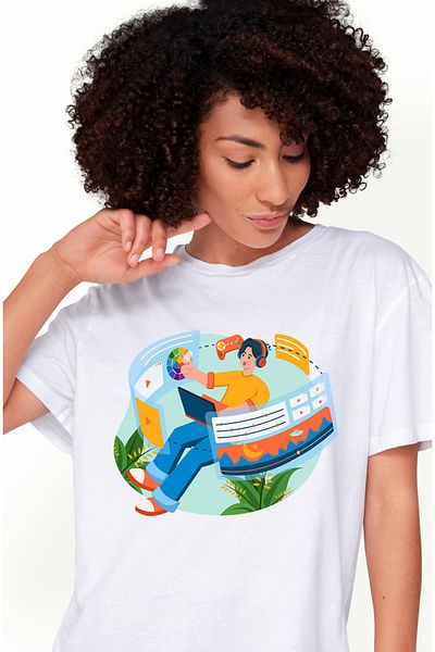 StoryGift Romania Women's T-Shirt With Headphones, Laptop, Screen, Plants, Controller, Games, Video Clips, WHT_S,STG30767